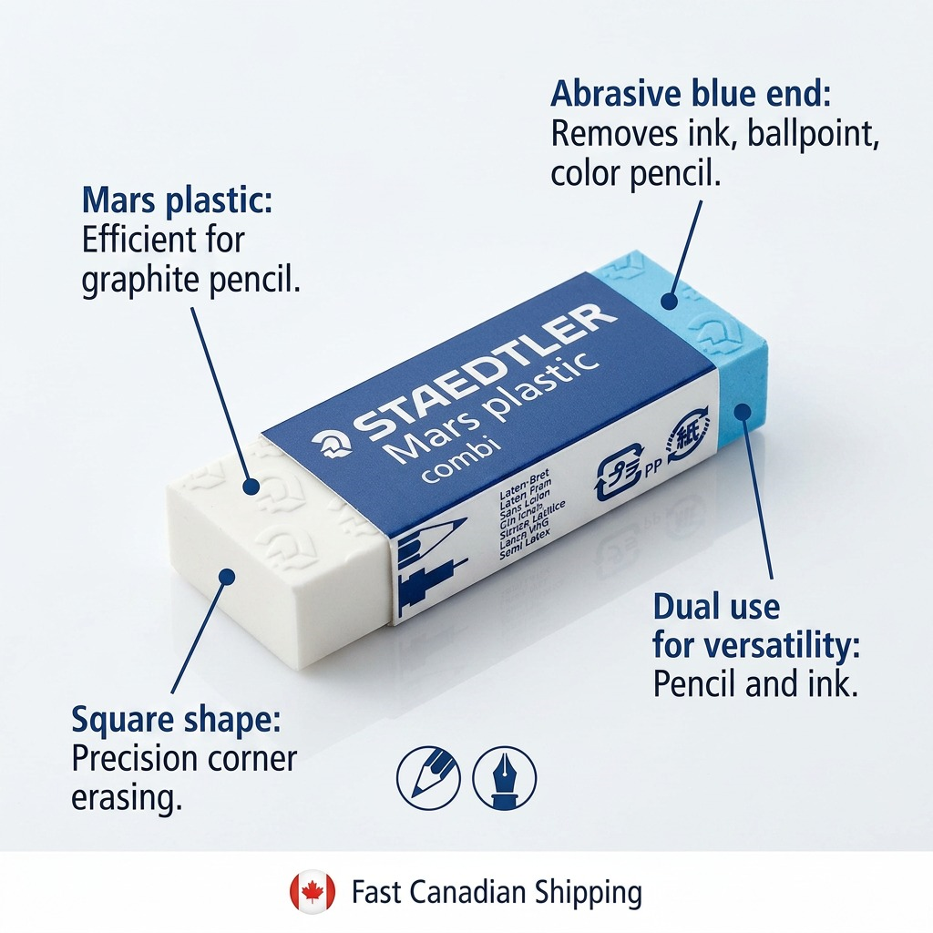 STAEDTLER Mars plastic combi eraser with feature callouts and Canadian shipping badge.