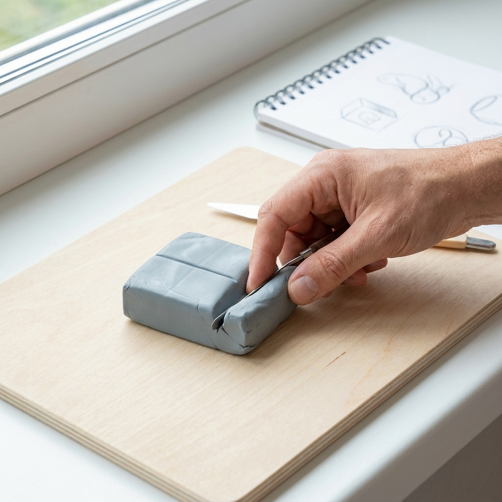 A close-up shot of a hand holds and shapes grey FIMO Soft modelling clay over a work surface with natural light.