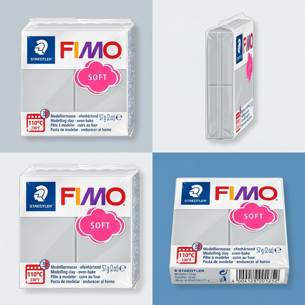 A clean product matrix showing multiple angles of STAEDTLER Fimo Soft Dolphin Grey modelling clay from the canonical product image.