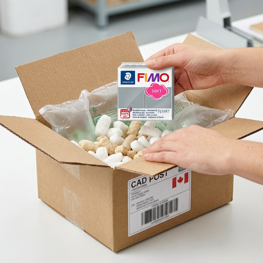 PDP visual matrix showing Fimo Soft Dolphin Grey in a protected cardboard shipping box with air cushions, instilling confidence in safe delivery.