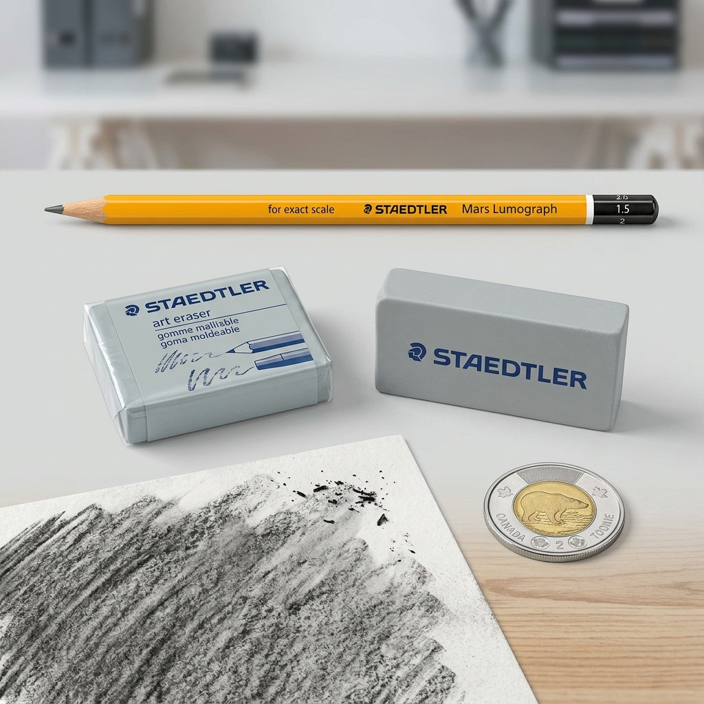 The STAEDTLER art eraser and gum eraser kit unboxed on a surface beside a Canadian toonie coin for scale.