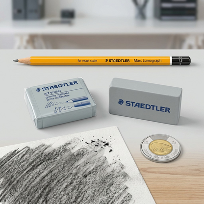 The STAEDTLER art eraser and gum eraser kit unboxed on a surface beside a Canadian toonie coin for scale.