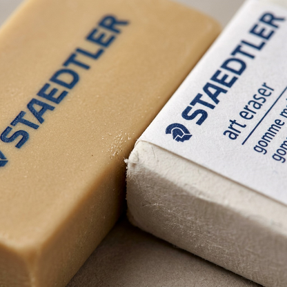 A macro view showing distinct textures: fine powder dusted on a tan STAEDTLER eraser and sharp branding text print detail.