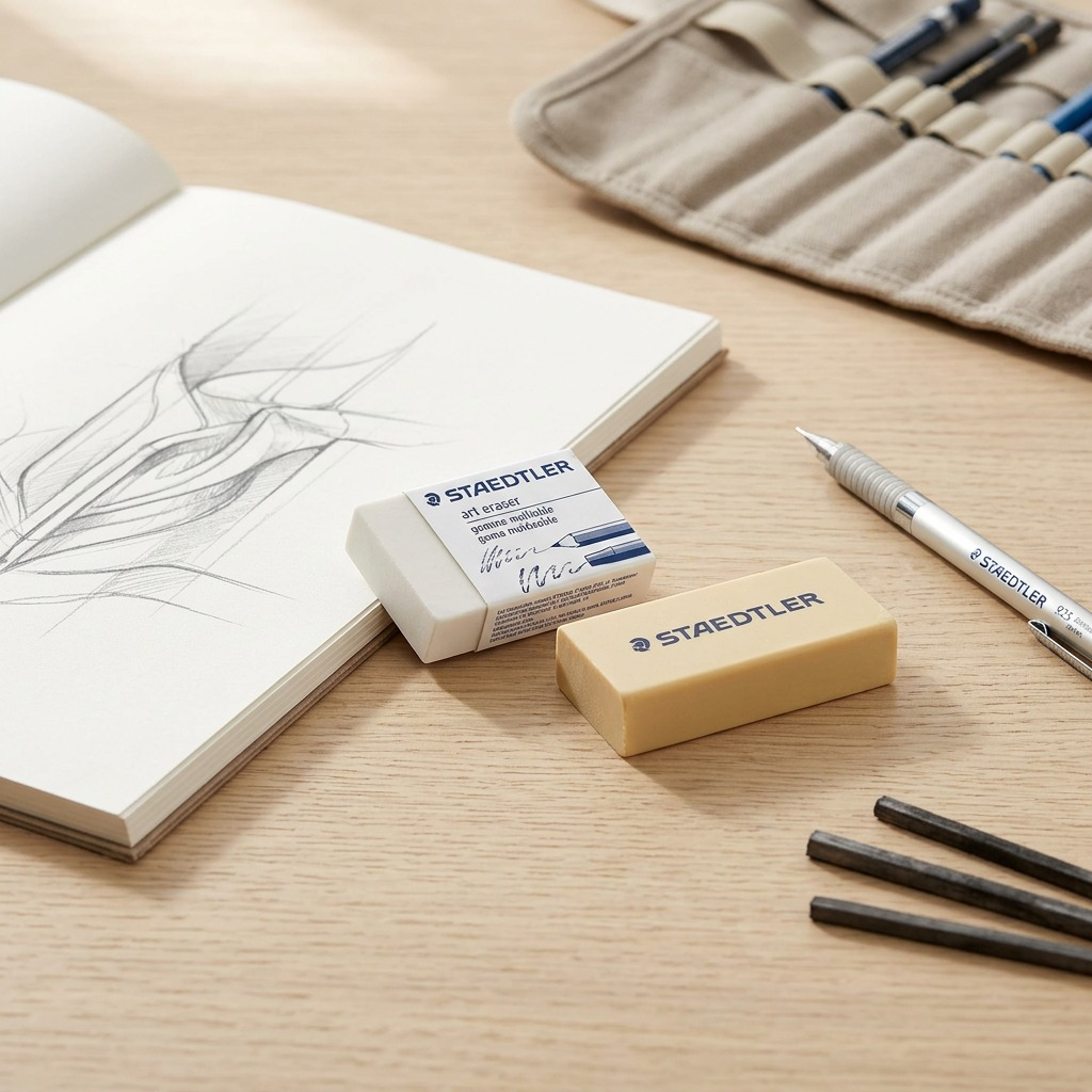 A clean-styled lifestyle photograph of the two unboxed Staedtler erasers, in a canvas case.
