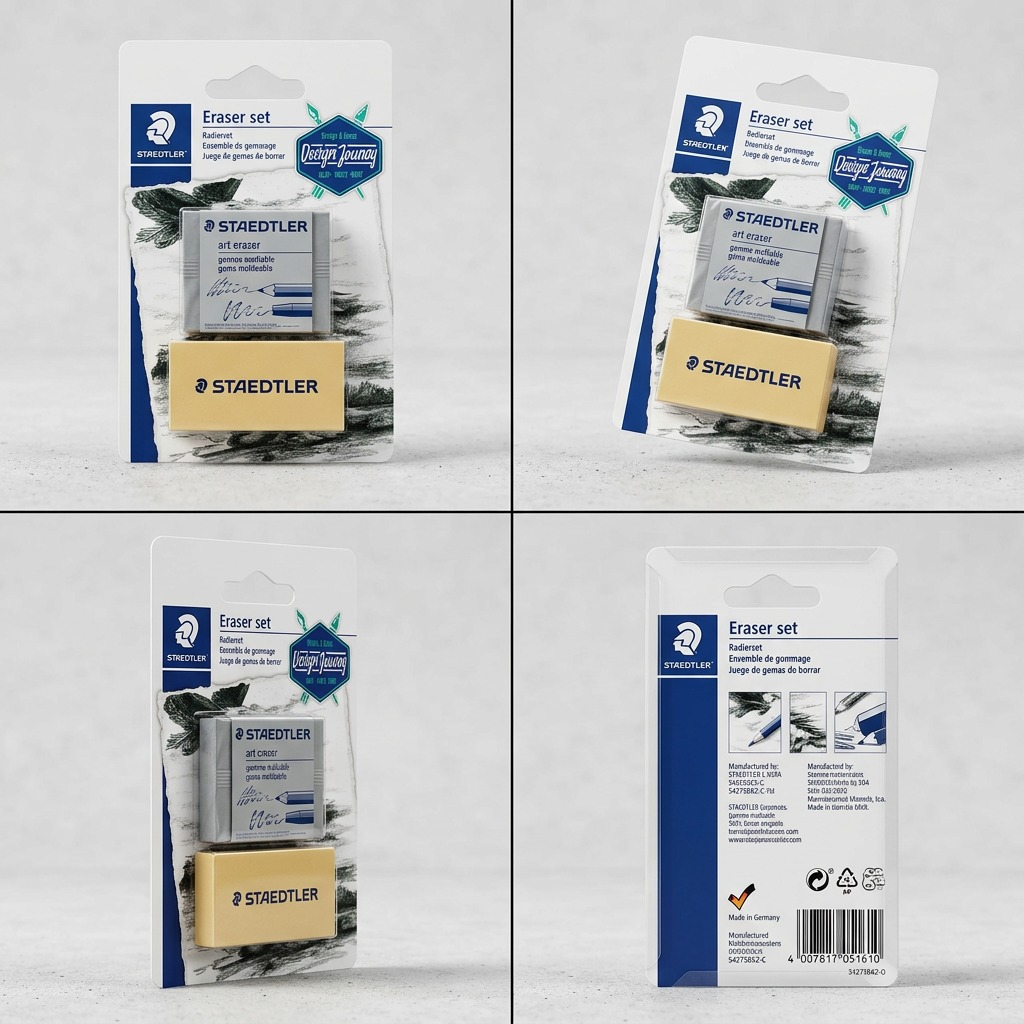A clean, premium ecommerce grid matrix displaying the STAEDTLER Eraser Set (art and standard blocks) from four different perspectives against a light, neutral background.