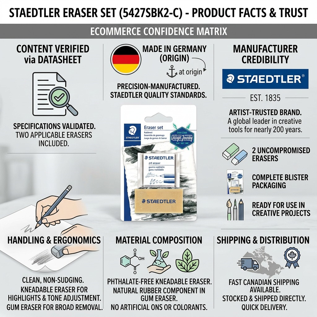 Infographic matrix showing a STAEDTLER eraser set with fact icons: 2-erasers, German-made, fast delivery.