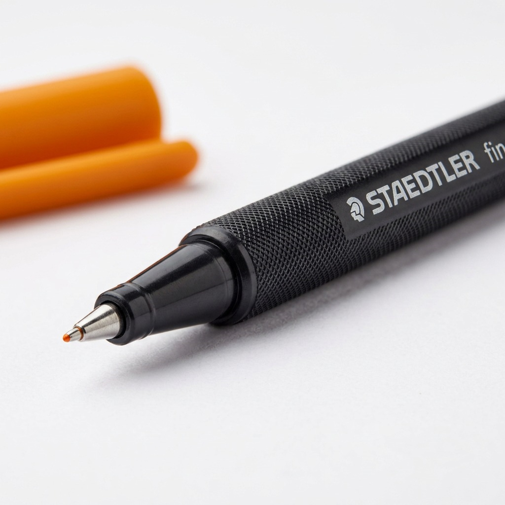 Macro photo features STAEDTLER fineliner metal tip, fine line, and body details.