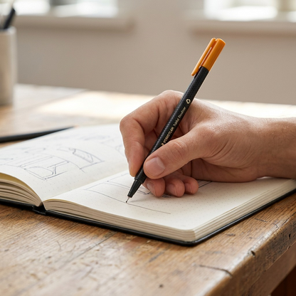 A lifestyle image showing a person's hand using the STAEDTLER black felt-tip pen with its orange cap on a notebook.