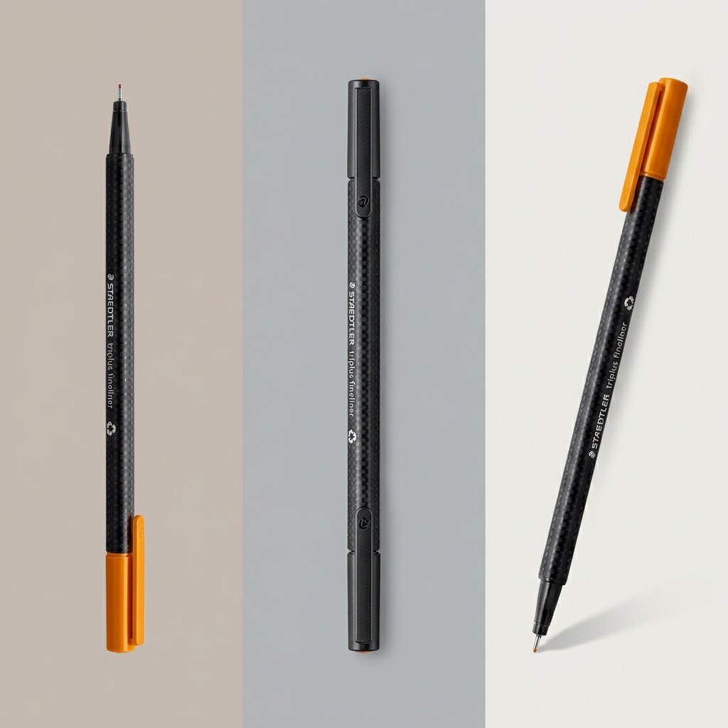 A 3-column product matrix grid showing a single STAEDTLER triplus fineliner from three different angles.