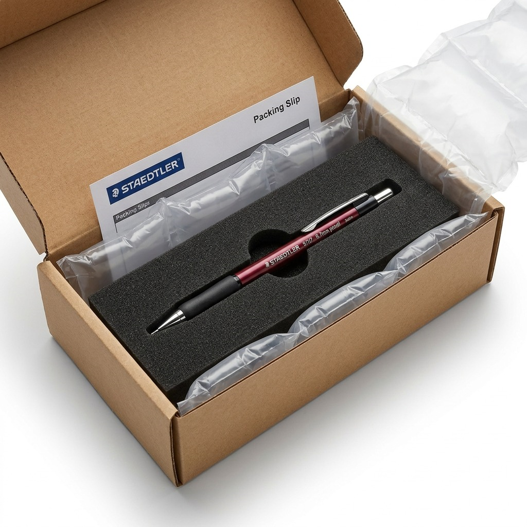 An unboxing scene shows the protective packaging that ensures a safe delivery for the mechanical pencil.