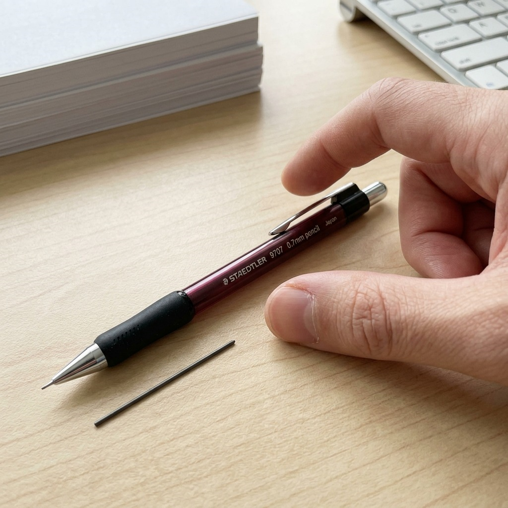 A scale-reference image showing the STAEDTLER mechanical pencil and human fingers holding a 0.7mm lead.
