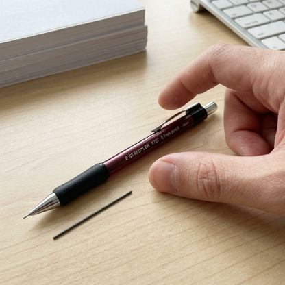 A scale-reference image showing the STAEDTLER mechanical pencil and human fingers holding a 0.7mm lead.