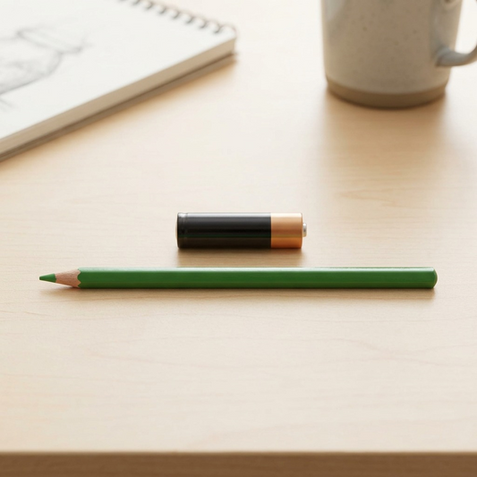 A STAEDTLER triangular colored pencil (green, visible on packaging) is shown scaled alongside a realistic AA battery, illustrating its physical length and diameter in a scale ref visual.