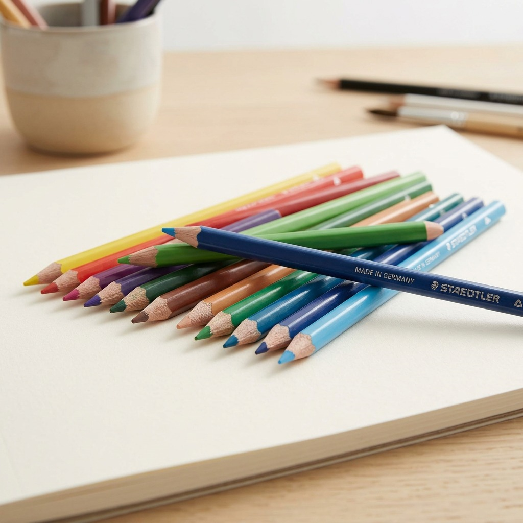 A macro photo of twelve sharp STAEDTLER triangular-barrel colored pencils spread on a clean sketchbook.