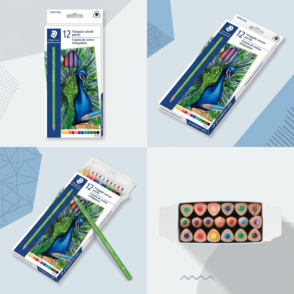 A clean grid showing four views of the triangular colored pencil set: front, side angle, open with a single pencil, and a top-down view.