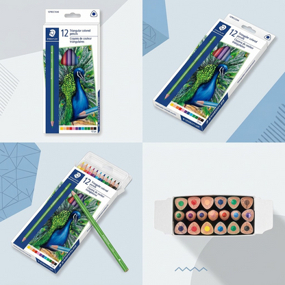 A clean grid showing four views of the triangular colored pencil set: front, side angle, open with a single pencil, and a top-down view.