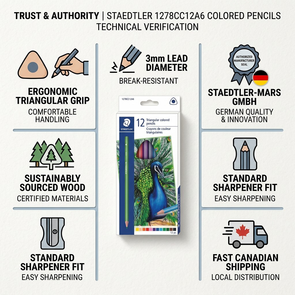 A visual matrix infographic for STAEDTLER'S 1278CC12A6, highlighting German quality, ergonomic triangular design, fast Canadian shipping, and sustainable certified wood, backed by technical verification.