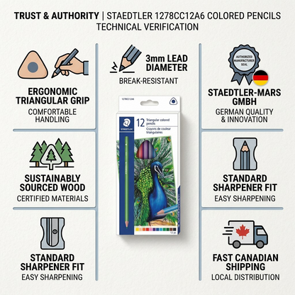 A visual matrix infographic for STAEDTLER'S 1278CC12A6, highlighting German quality, ergonomic triangular design, fast Canadian shipping, and sustainable certified wood, backed by technical verification.