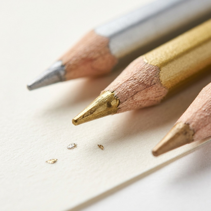 A detailed macro close-up of a Staedtler metallic colored pencil tip on paper, showcasing the shimmering, pigmented lead texture.