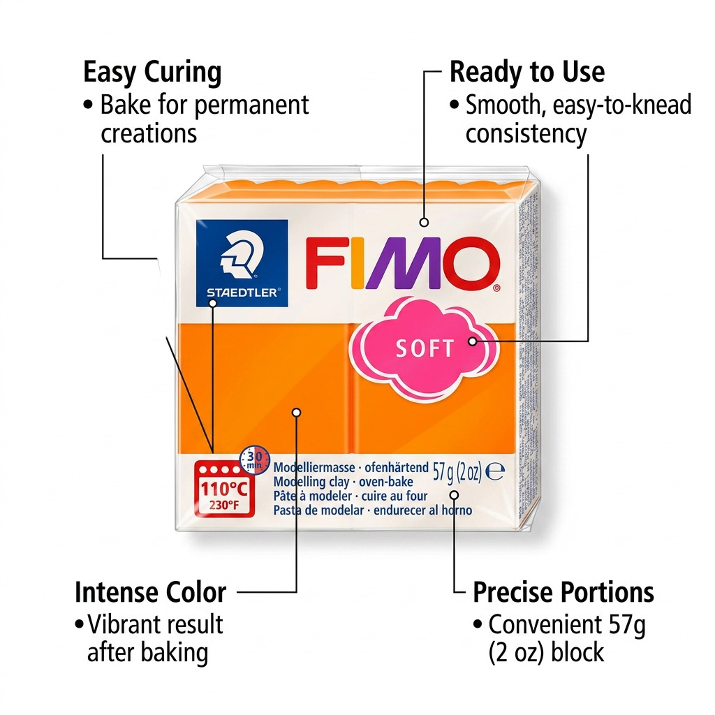 A studio product shot of Fimo Soft Tangerine clay, featuring clean callouts highlights easy curing, soft consistency for details, and vibrant color after baking, for a compelling product feature infographic.