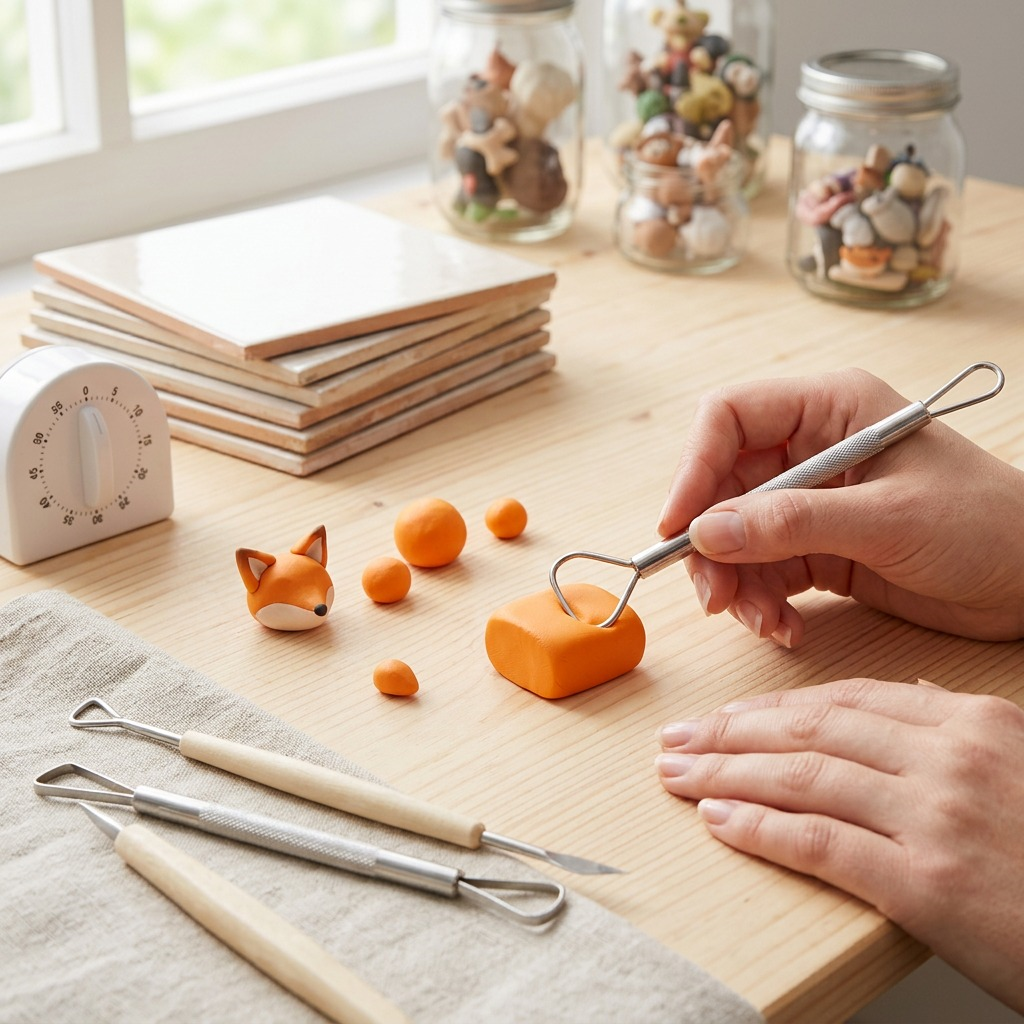Lifestyle shot: Unwrapped tangerine FIMO Soft clay sits on a craft mat with sculpting tools and a small, half-formed fox.