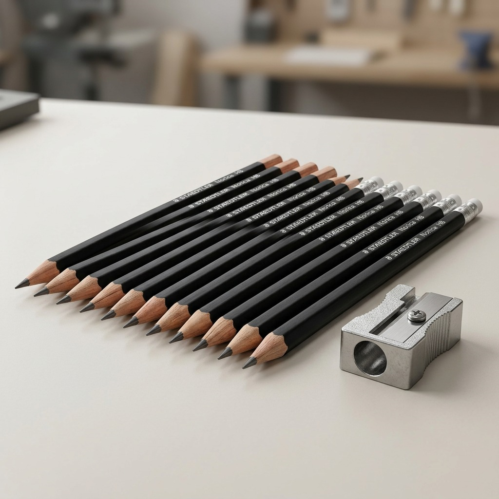 A detailed close-up shot of the STAEDTLER Norica black HB pencils next to a realistic, standard-sized pencil sharpener on a wooden desk.