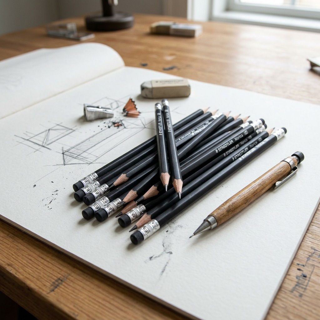 Lifestyle shot: A stack of the sharp black Staedtler-Mars Norica pencils and a pen on a sketchbook, being used.