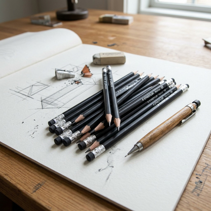 Lifestyle shot: A stack of the sharp black Staedtler-Mars Norica pencils and a pen on a sketchbook, being used.