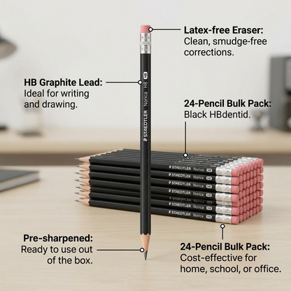 A focused matrix graphic highlighting key operational features of the 24-pack of STAEDTLER Norica HB pencils.