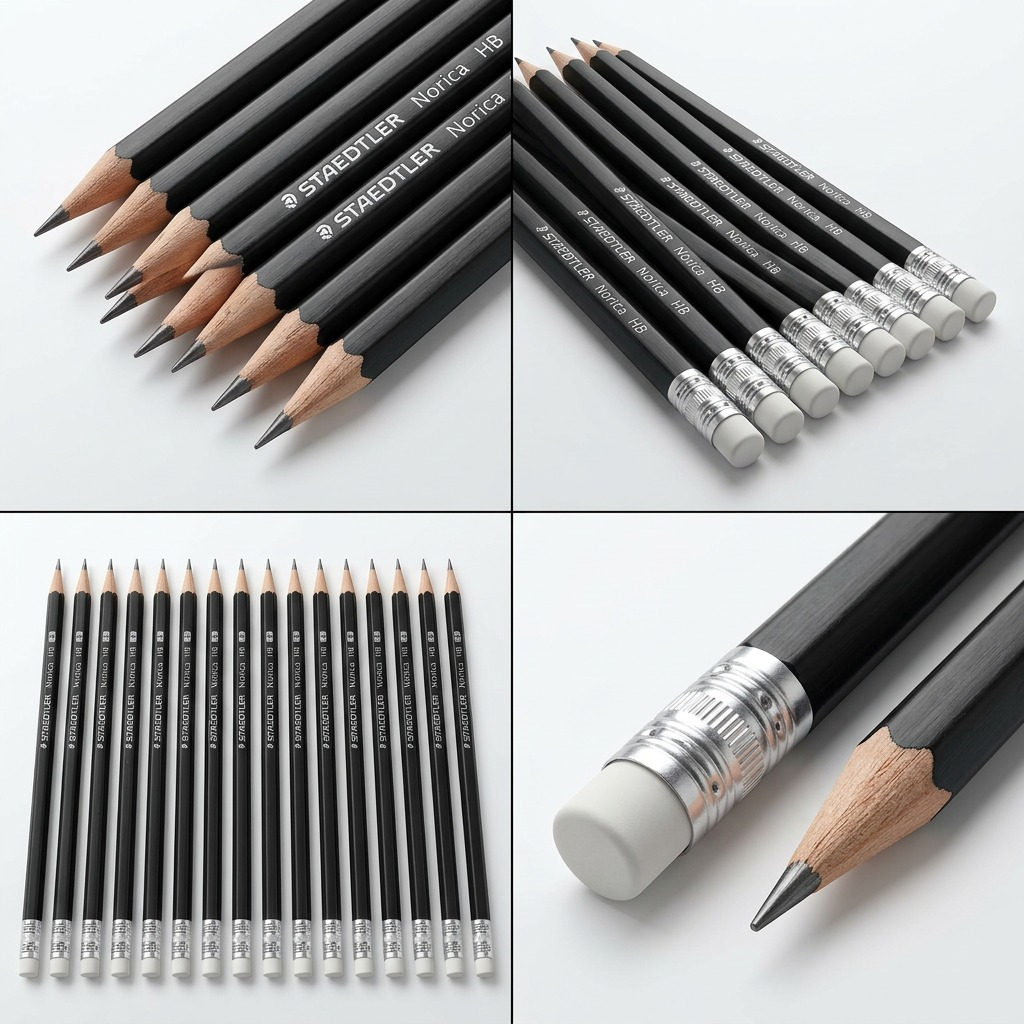 A product variant matrix displaying multiple Staedtler Norica black HB pencils from a variety of angles.