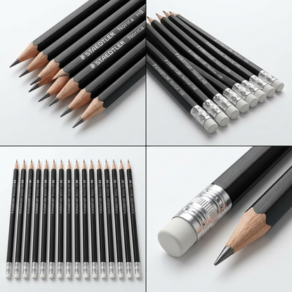 A product variant matrix displaying multiple Staedtler Norica black HB pencils from a variety of angles.