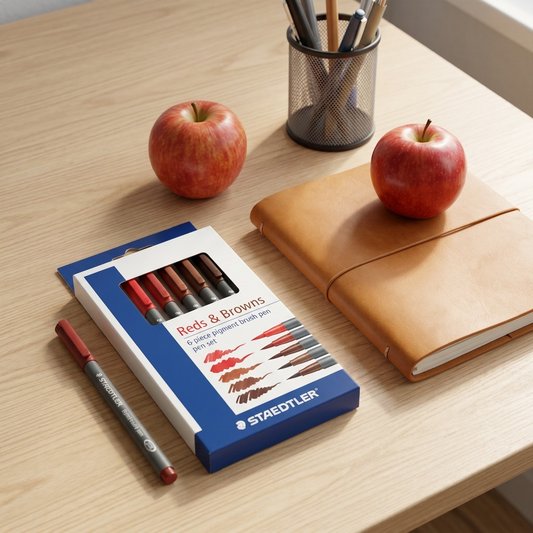 STAEDTLER Reds & Browns 6-piece pigment brush pen set box next to a notebook and two red apples for scale.
