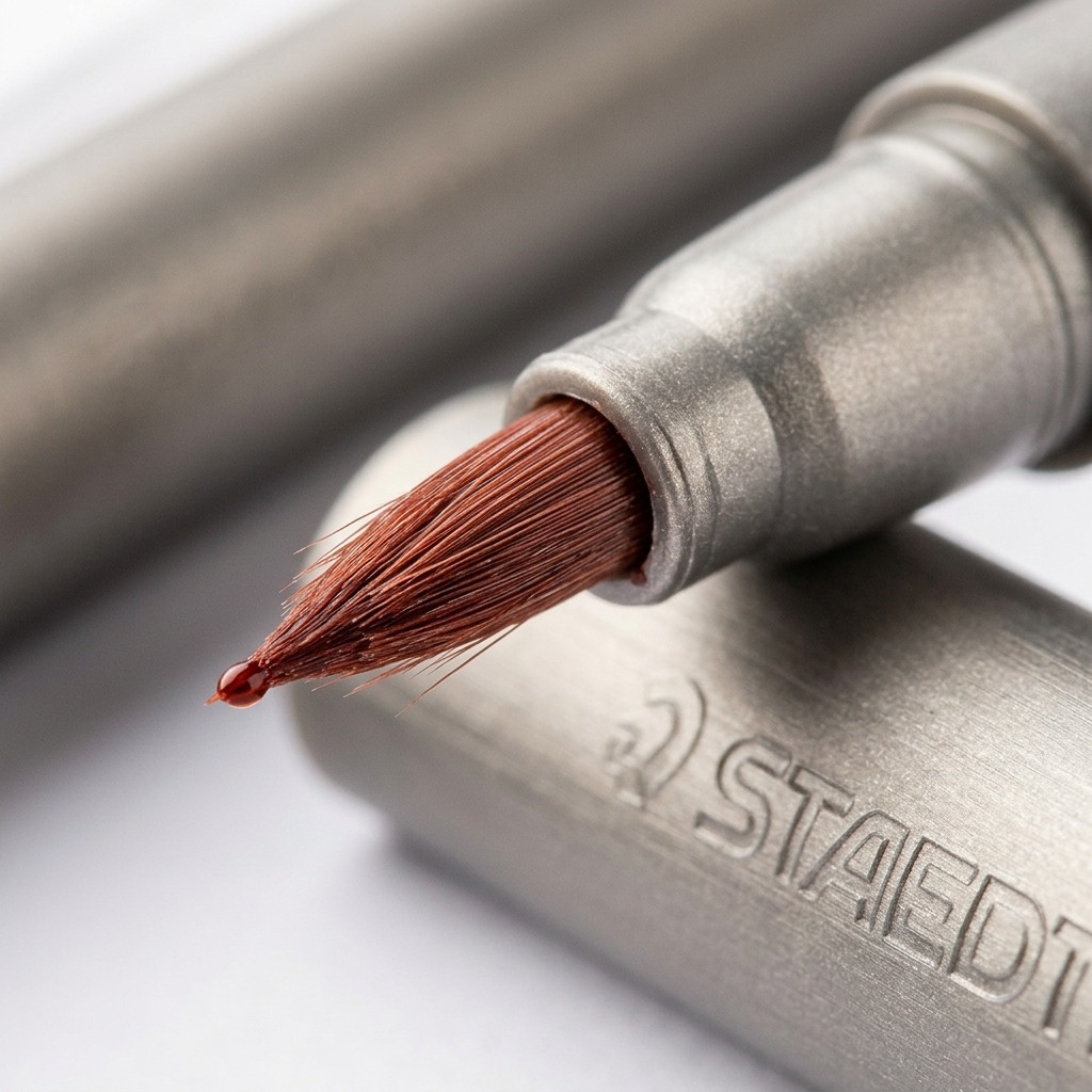 Macro detail of the fine STAEDTLER multi-ink brush pen tip with a droplet of rich brown pigment ink.