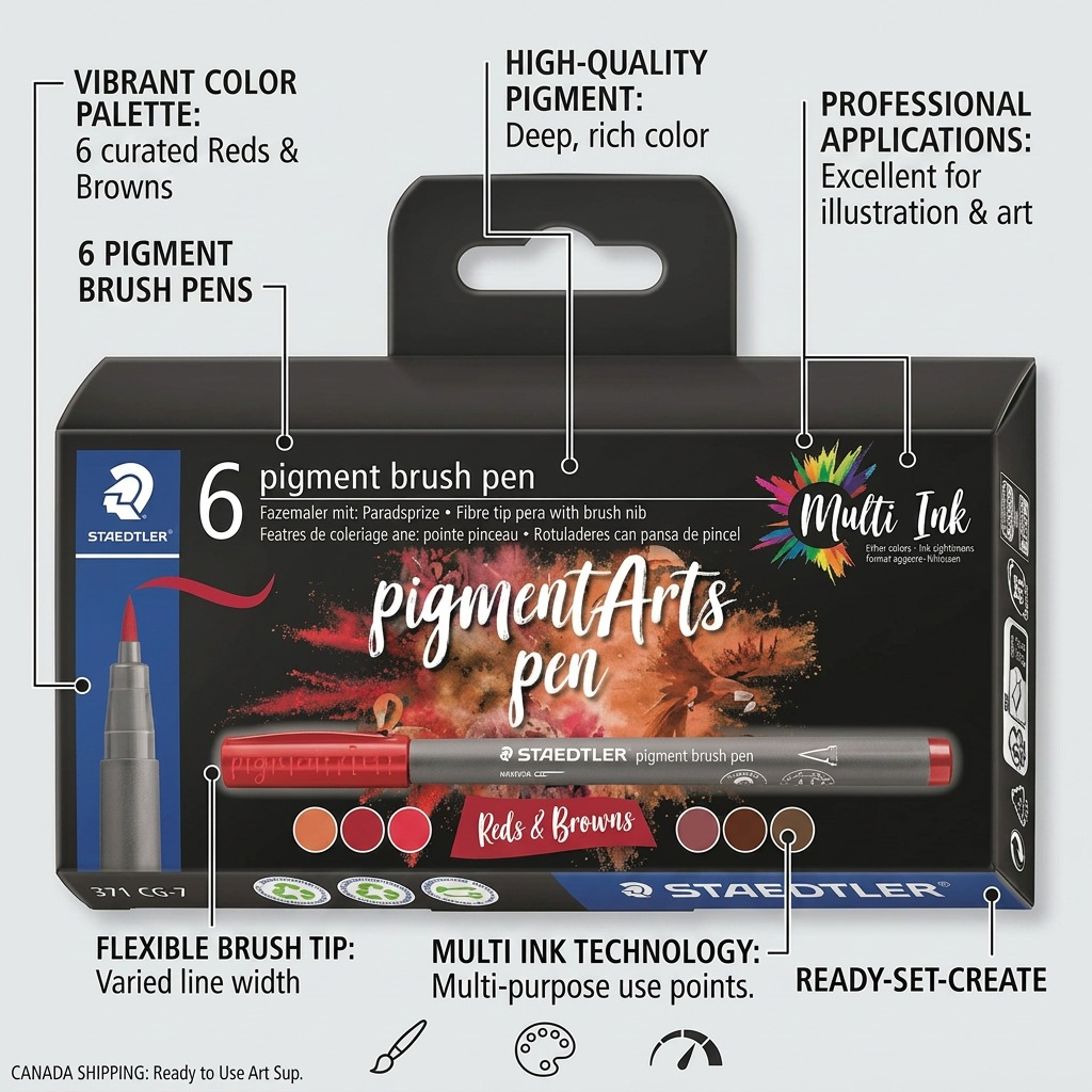 A clean ecommerce graphic showcasing six key features of the STAEDTLER Pigment Brush Pen Reds & Browns set. It uses precise lines and labels to highlight details like the brush tip, premium pigments, non-fading colors, non-bleeding, non-smudging ink, and ease of use.