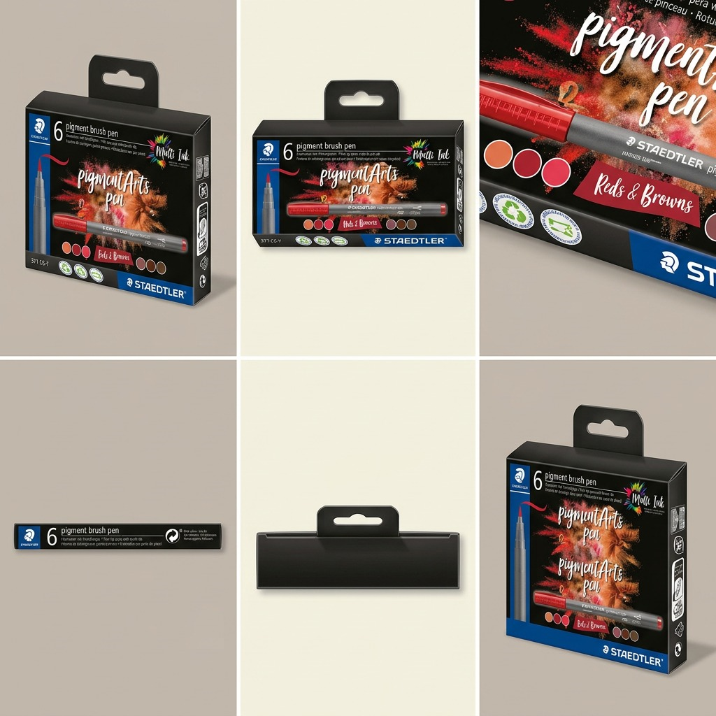 A clean six-panel grid displaying the STAEDTLER Pigment Arts Pen Reds & Browns set from distinct, detailed, and realistic visual angles.