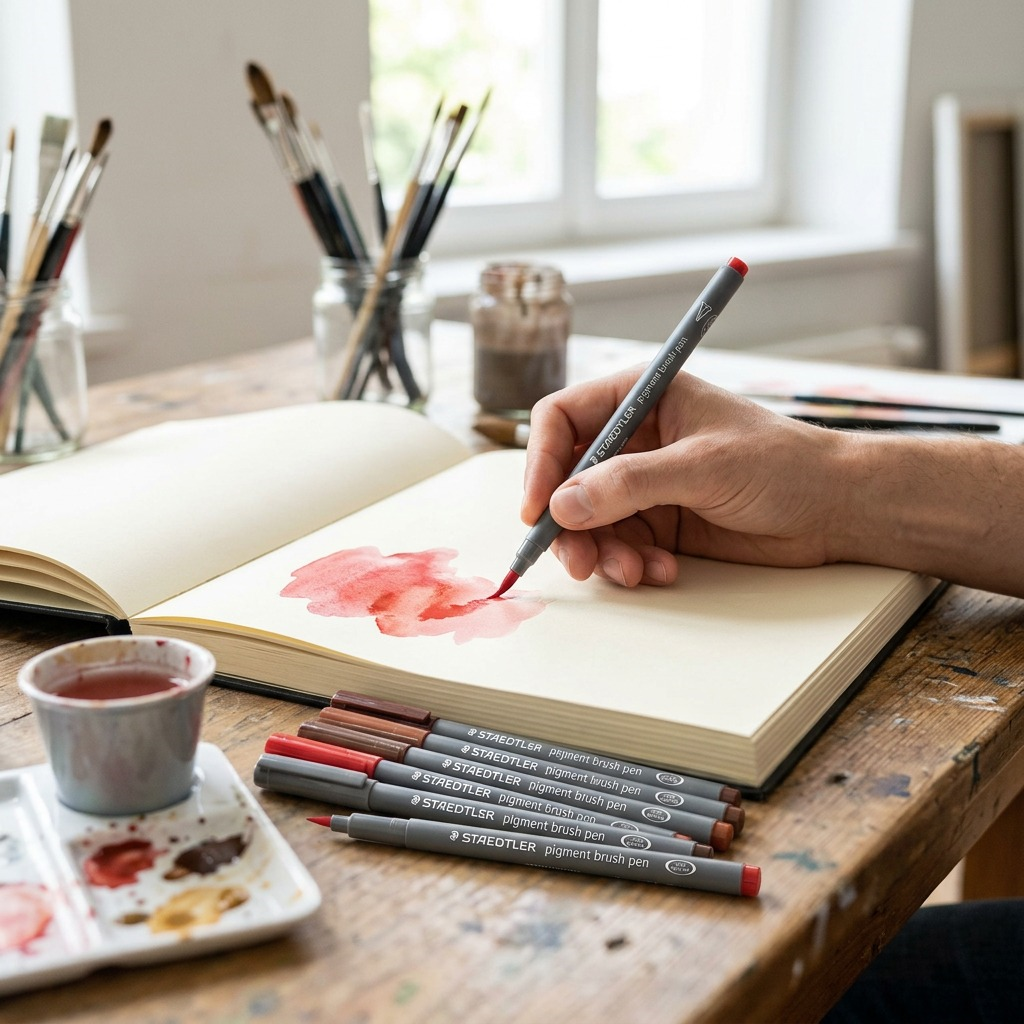 A lifestyle photo shows an artist's hands using the STAEDTLER pigmented red brush pen in a sketch.
