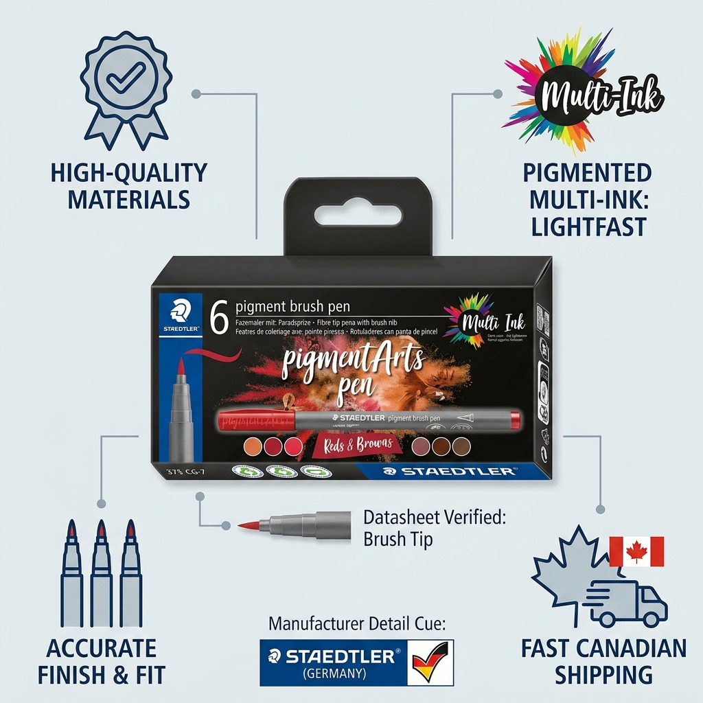 PDP infographic for STAEDTLER pigmented brush pens, featuring product details, Canadian shipping, and high quality cues.