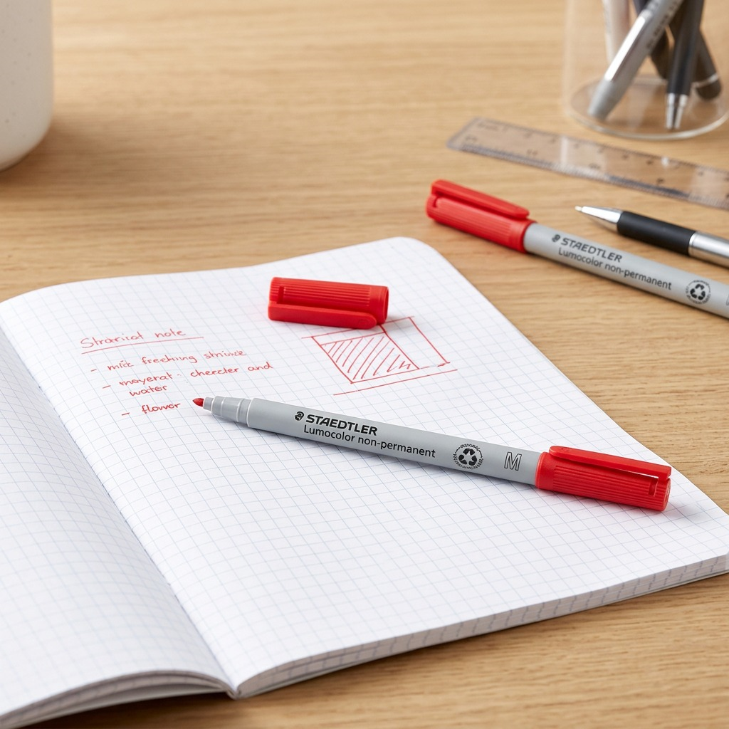 A lifestyle photograph shows the STAEDTLER water-based red marker on a clean desk next to an open notebook with red notes.