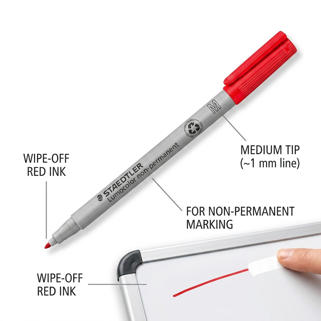 Infographic of the STAEDTLER Lumocolor non-permanent red marker showing key features.