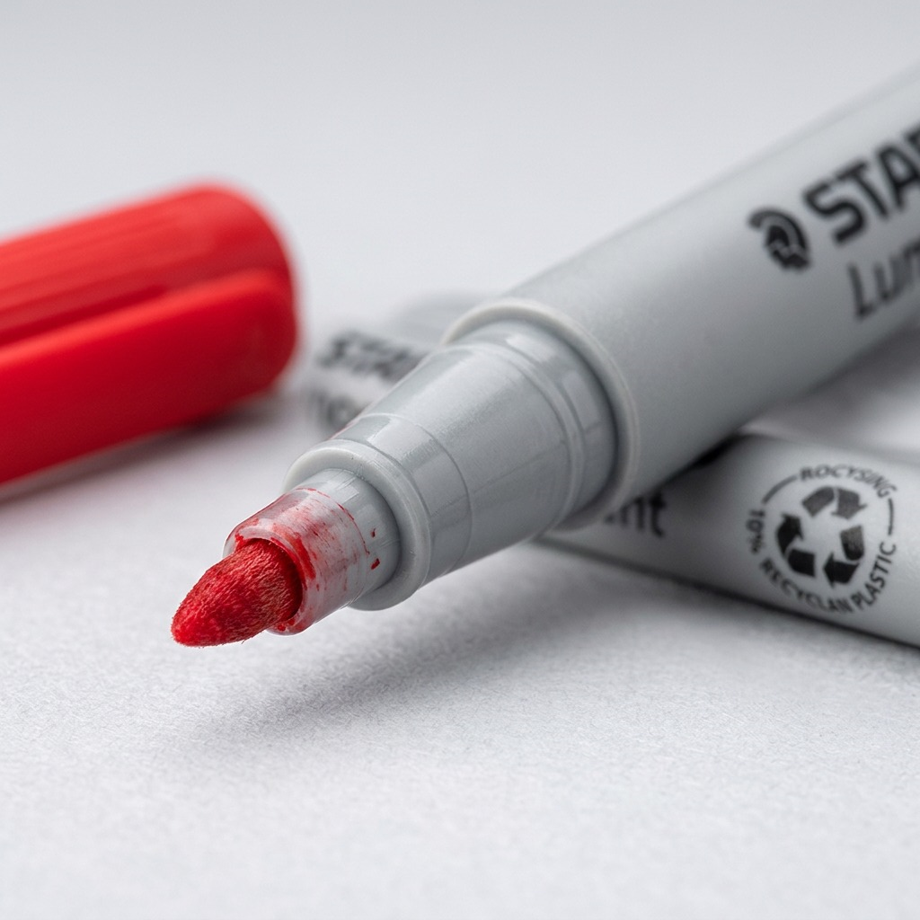 Macro photograph focusing sharply on the red felt tip of the Staedtler Lumocolor non-permanent marker.