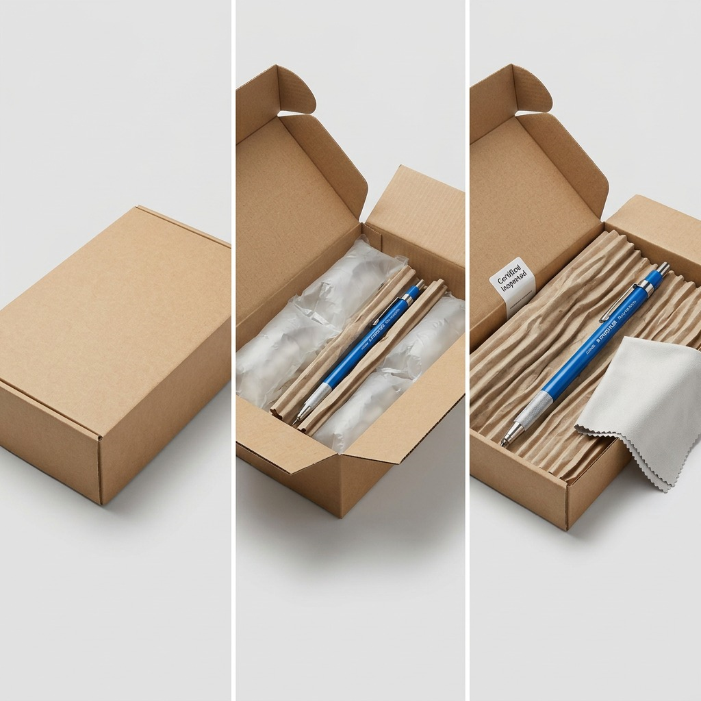 A 3-panel unboxing matrix showing the leadholder arriving in protective neutral packaging.
