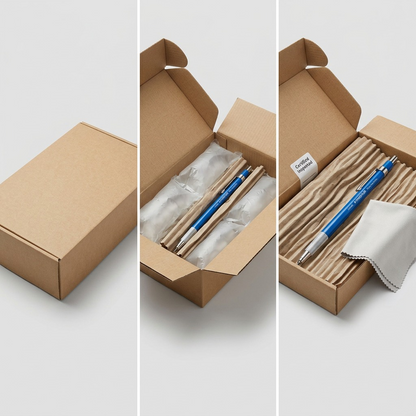 A 3-panel unboxing matrix showing the leadholder arriving in protective neutral packaging.