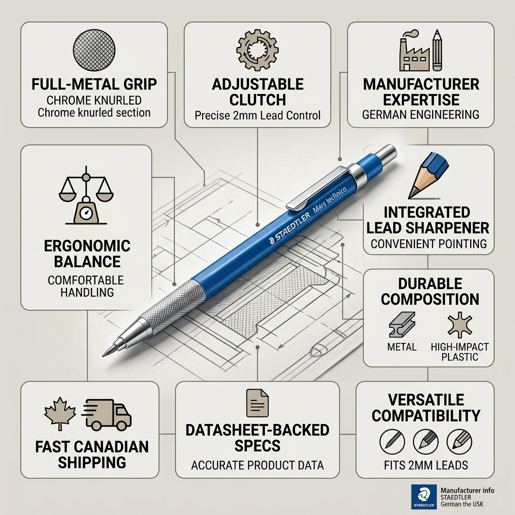 A clean infographic matrix featuring the STAEDTLER Mars technico leadholder and trusted factual cues.