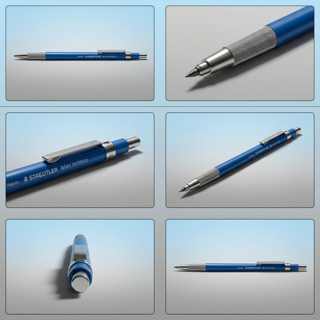 A professional matrix display showcasing the STAEDTLER Mars technico leadholder from multiple angles, highlighting its blue body and chrome accents.