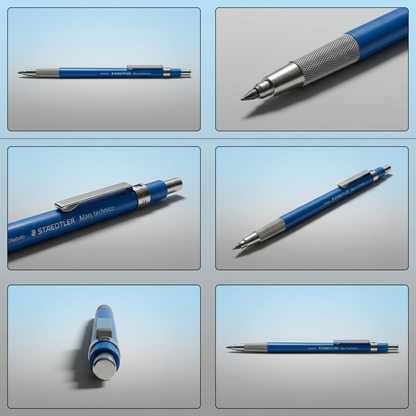 A professional matrix display showcasing the STAEDTLER Mars technico leadholder from multiple angles, highlighting its blue body and chrome accents.
