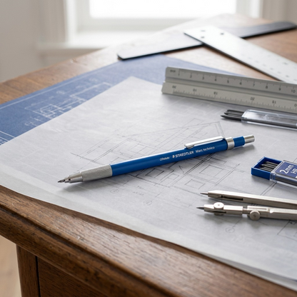 Staedtler Mars technico leadholder on an architect's desk with drawing tools.