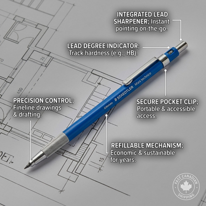 Ecommerce graphic highlighting features of the STAEDTLER Mars technico leadholder over a blueprint.