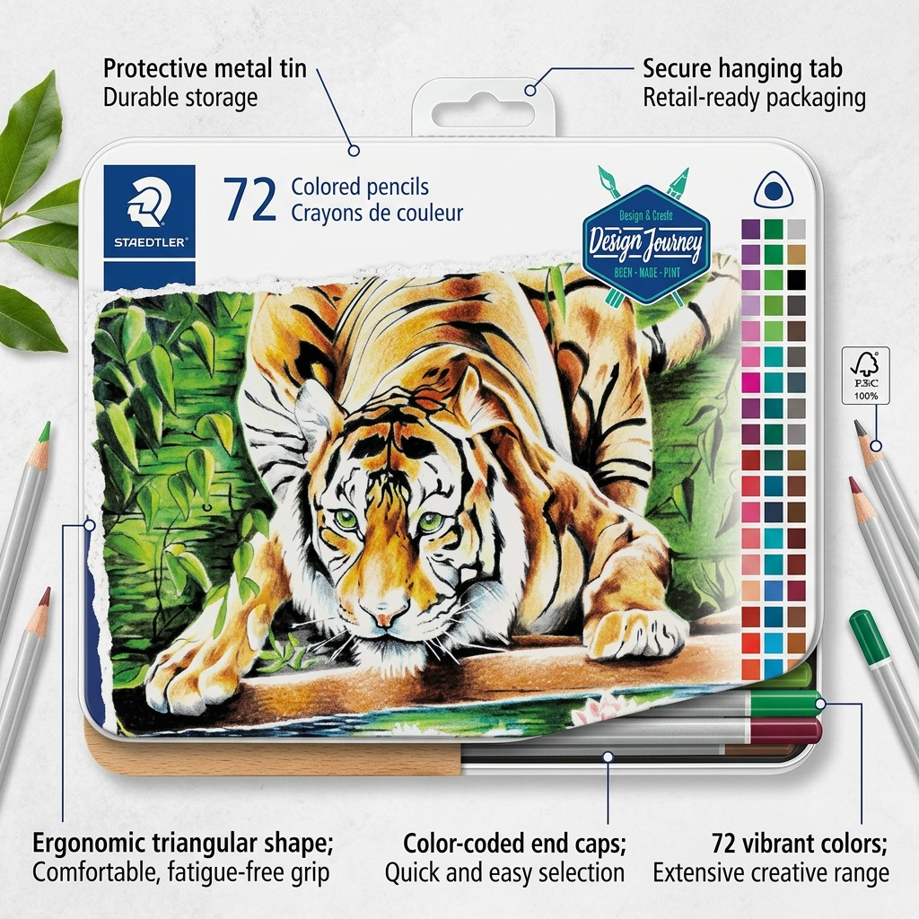 Feature illustration of Staedtler 72 set colored pencils highlighting tin, shape, and color variety.
