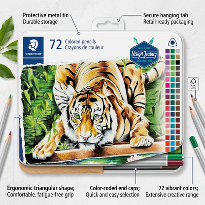 Feature illustration of Staedtler 72 set colored pencils highlighting tin, shape, and color variety.