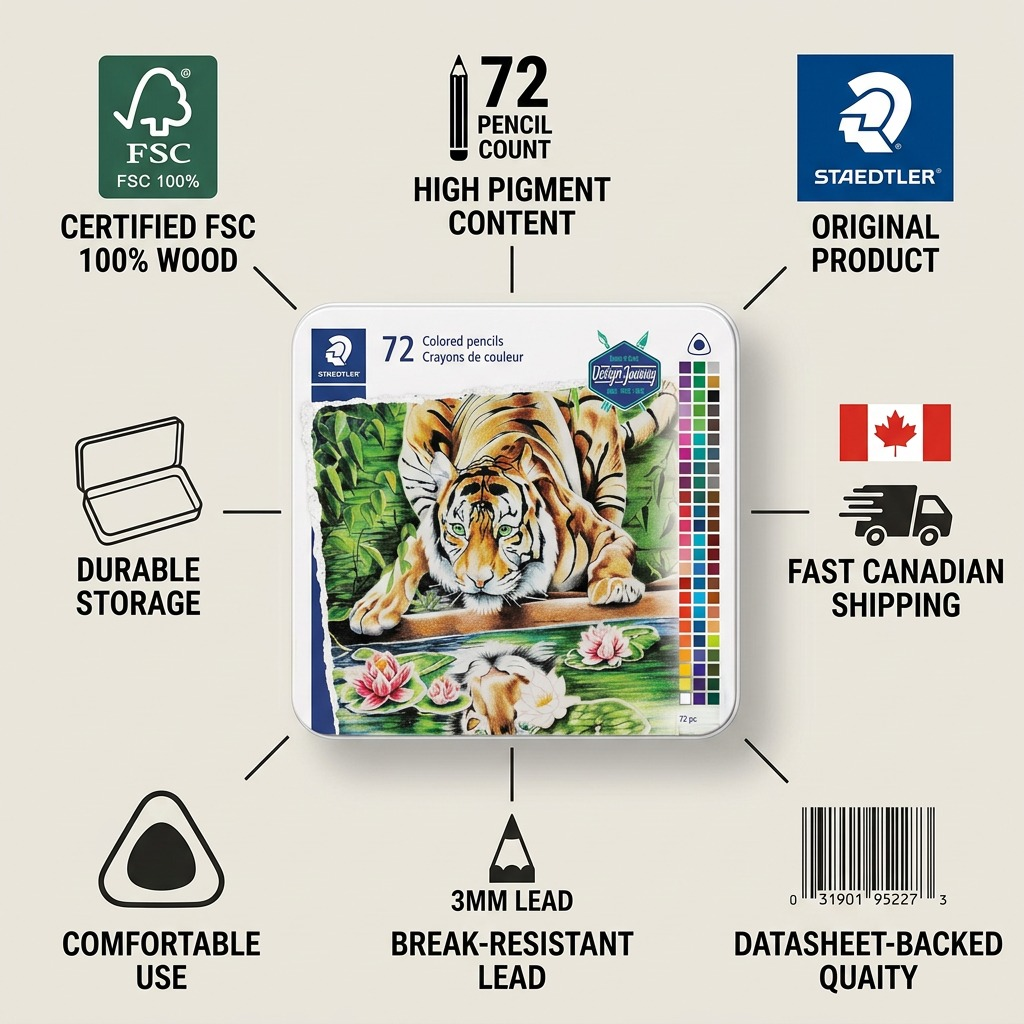 PDP visual matrix 8 for STAEDTLER Col Pencil Tri 72Pcs tin, featuring the tiger art and icons for FSC 100%, original product, durable storage, fast Canadian shipping, high pigment, comfortable use, and break-resistant lead.